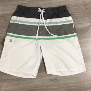 Izod Swim Trunks. White with Grey and Green Stripes. - Large